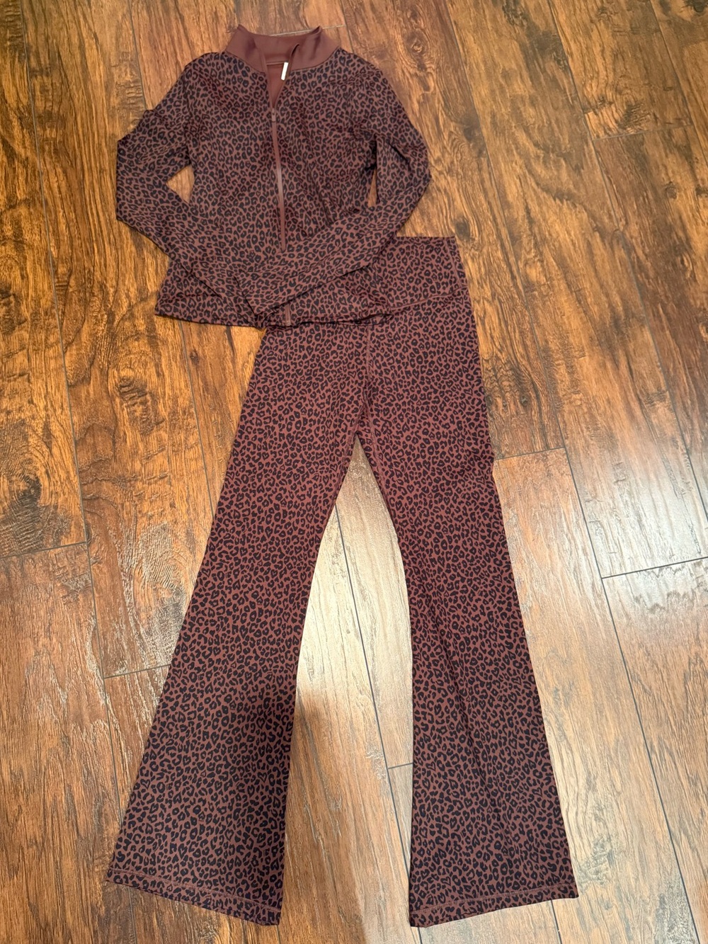 PINK Victoria's Secret Burgundy Leopard Flare Pants & Zip Jacket Set
